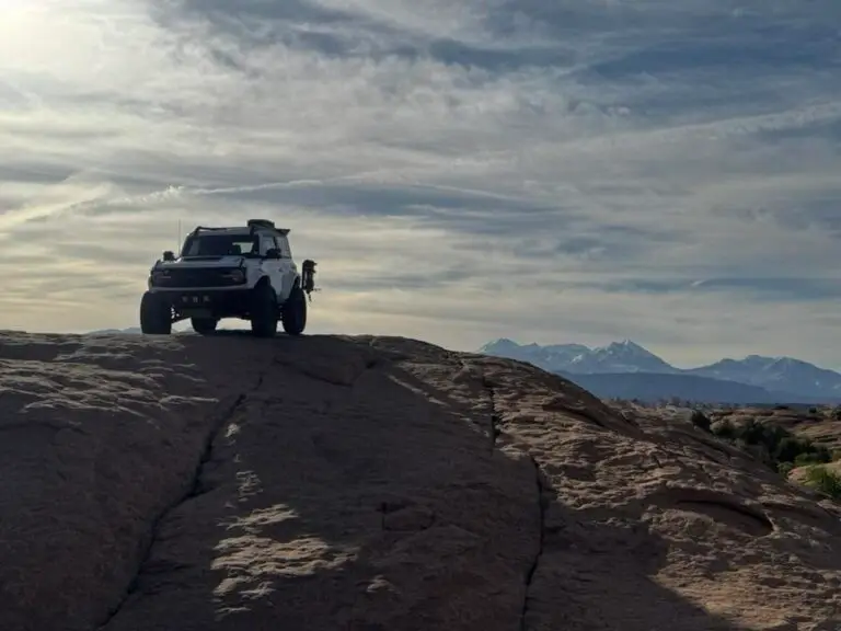 Bronco on a dark rock ledge under a cloudy sky with distant mountains