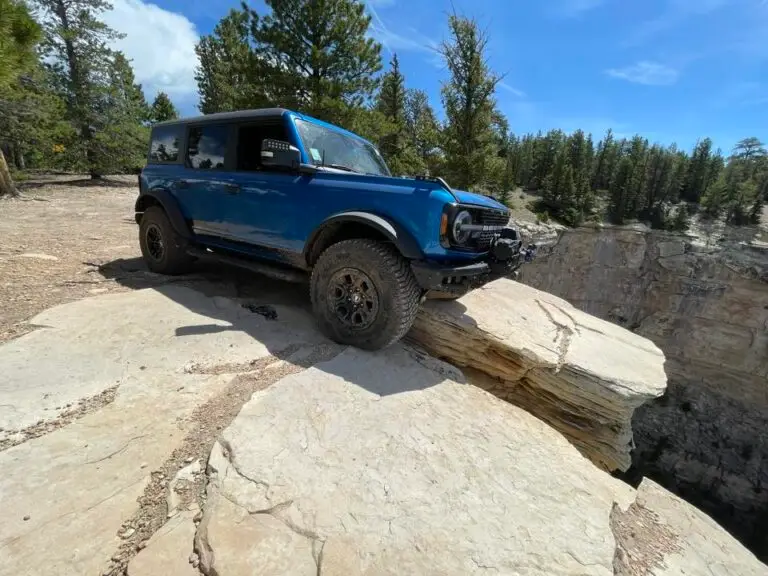Blue Bronco climbing a slab of rock among pine trees